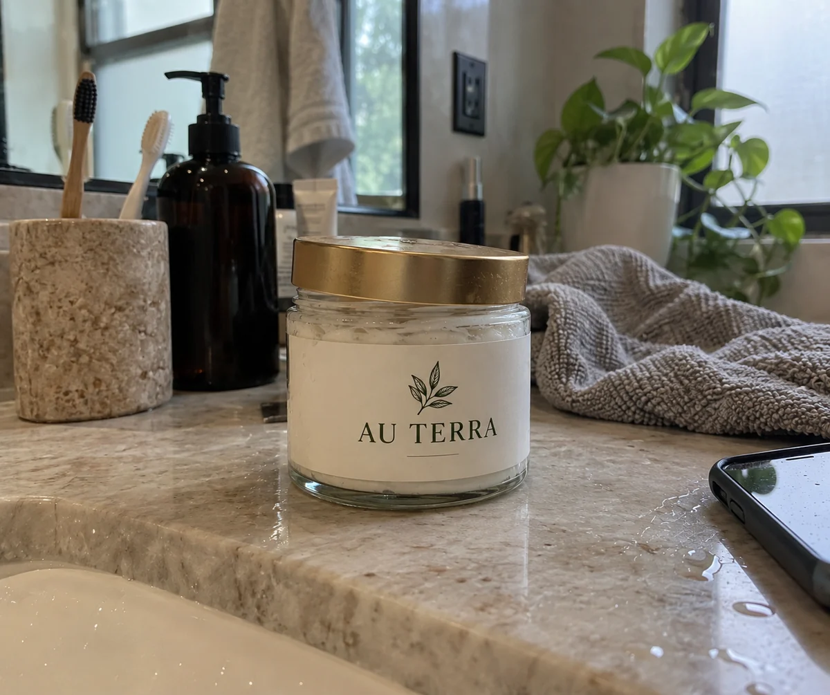 Au Terra cream jar in a bathroom ritual