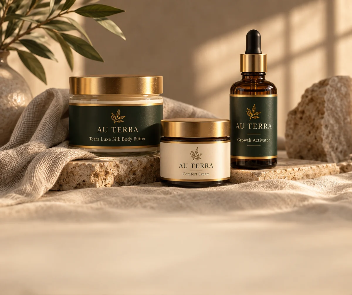 Au Terra body butter, comfort cream, and growth activator