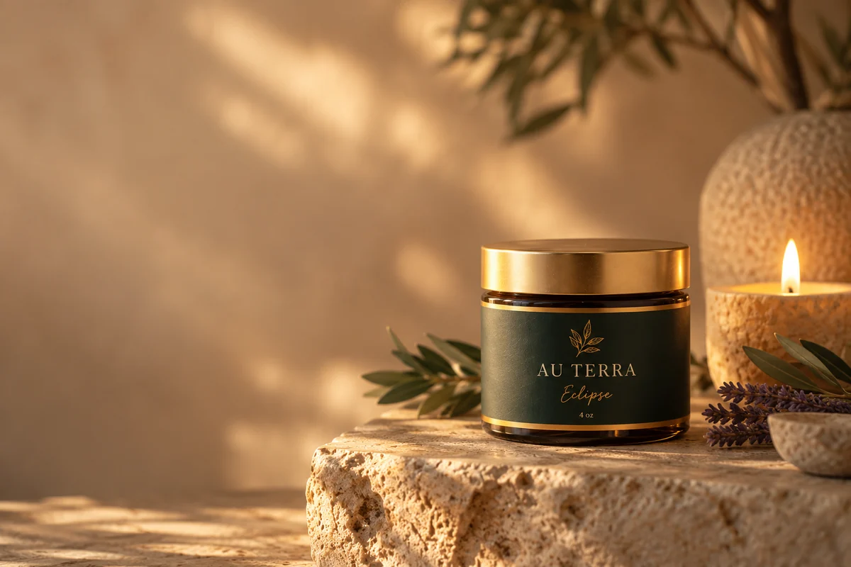 Au Terra Eclipse jar beside a candle and lavender