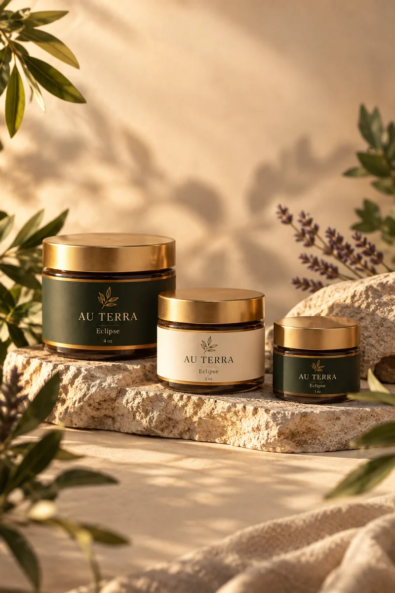 Au Terra Eclipse collection arranged with botanicals