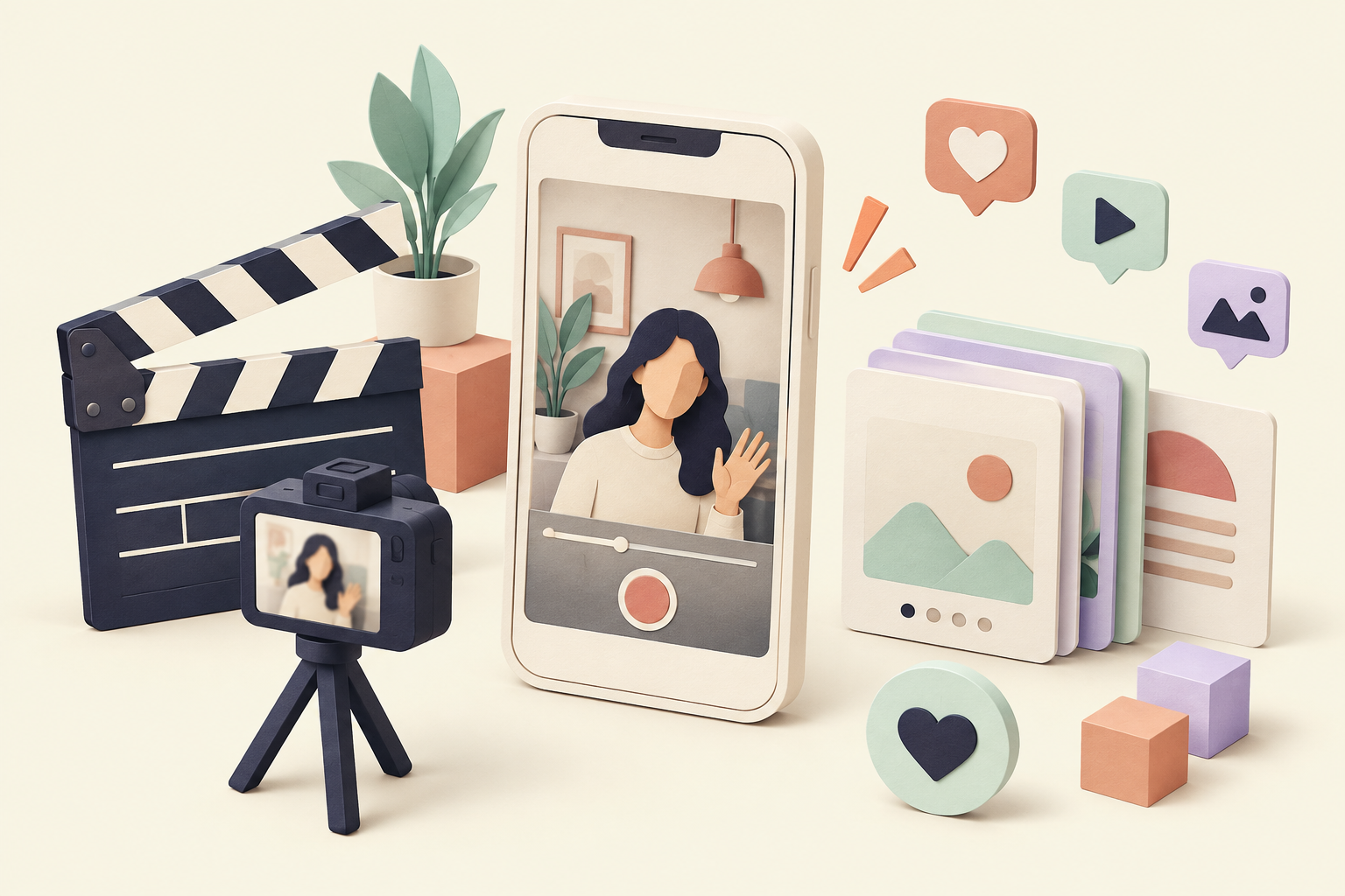 Content production with creator video, cinematic camera and designed social posts