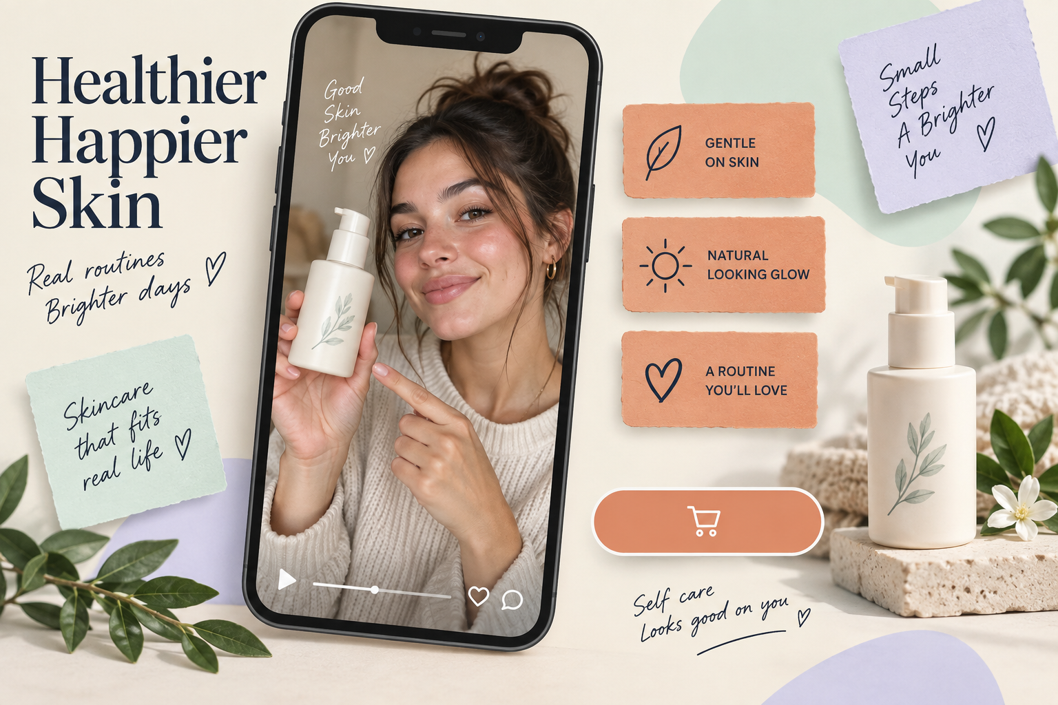 Concept skincare UGC campaign with a creator video, product benefits and shopping call to action