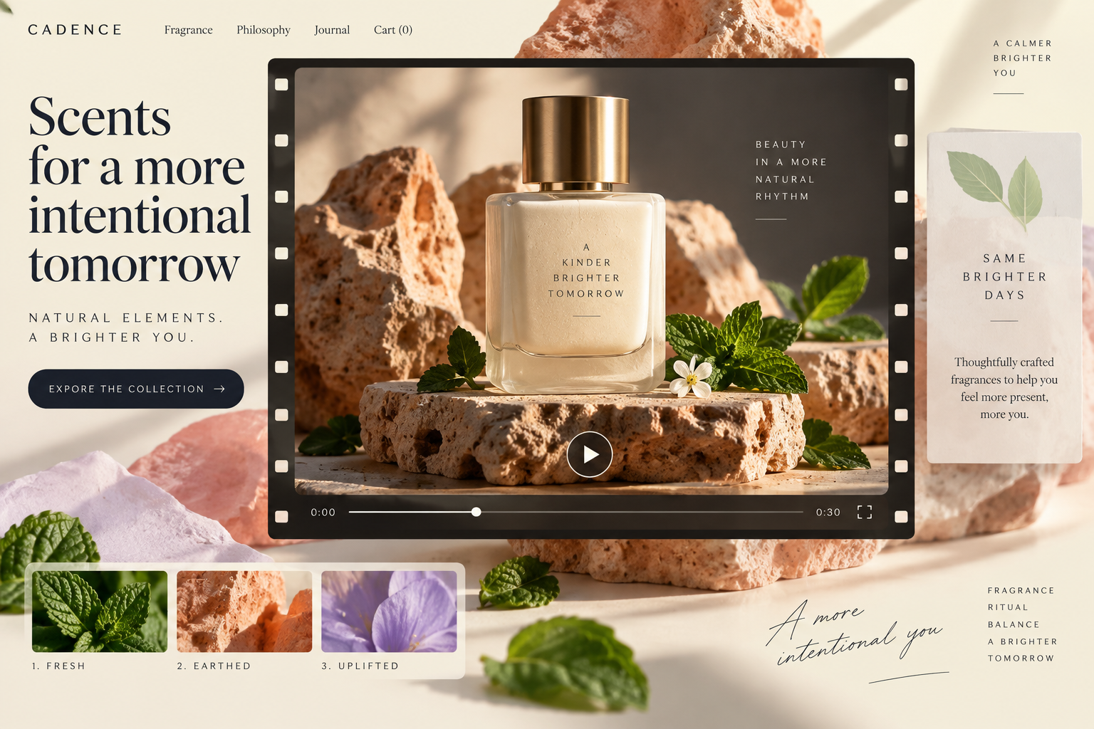 Concept perfume campaign with cinematic product imagery and a video player