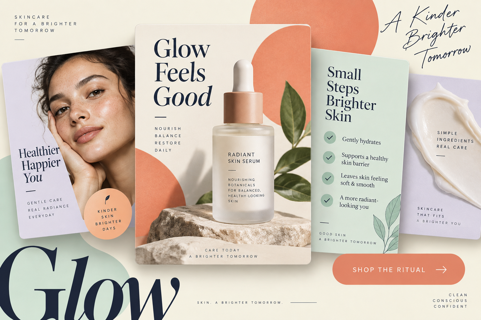 Concept skincare carousel with product close-ups, benefits and a shop call to action